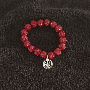 Elegant Red Beaded Bracelet with Silver Charm. Rustic Cuff. Adjustable